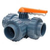 Кран трехходовой ПВХ L-порт муфтовый 040, PTFE-EPDM, PN16, Hidroten